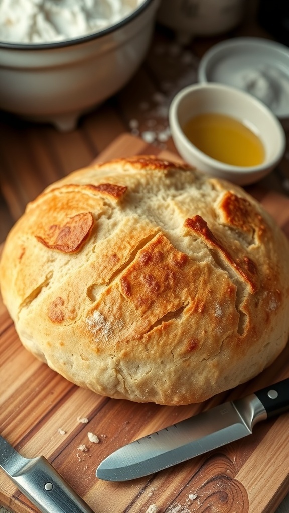 Quick Dutch Oven Bread Recipe A golden-brown round loaf of Dutch oven bread on a wooden board, with steam rising and a knife beside it.